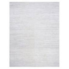 9'1"x12' Ivory Striae Design Silk with Textured Wool Hand Knotted Rug G75038