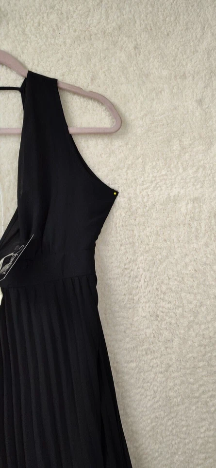 Vestido para mujer YA Los Angeles mediano negro mezcla de seda sin mangas cuello en V maxi ajuste Foto 3 de 4