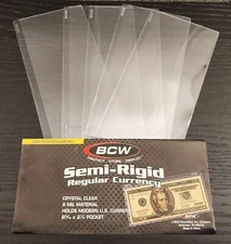 5 BCW SR-RB Semi-Rigid Regular Bill Currency Sleeves for US Small Size Notes
