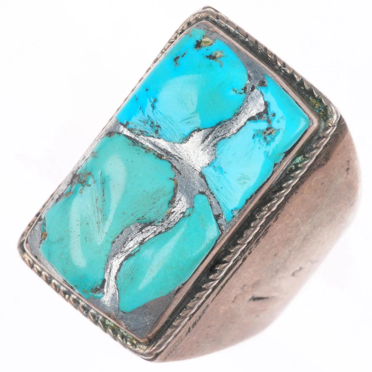 sz10 vintage Zuni sterling silver carved turquoise channel inlay