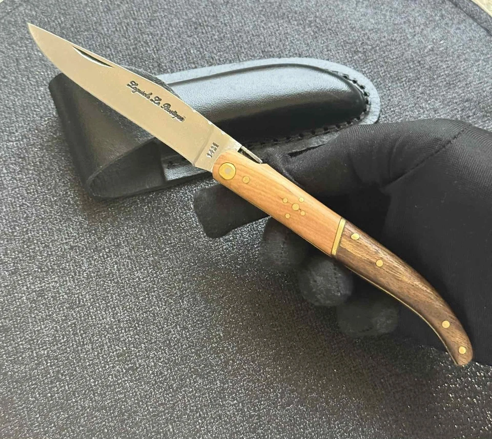 Cuchillo de Bolsillo Laguiole De Colección Hoja Mango de Madera Para Hombre Funda Cuero Raro Antiguo Foto 4 de 4