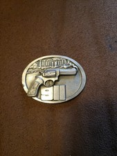 Siskiyou NOS VINTAGE 1995  I DON'T DIAL 911  GUN FUNNY PEWTER BELT BUCKLE