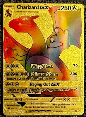 Secret Rare Rainbow Gold Charizard GX Pokémon card, card number 150/147