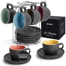 – 2.7 Oz Ceramic Stackable Espresso Cups with Saucers and Metal Stand, Set of...