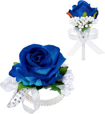 2Pcs Blue Rose Corsage and Boutonniere Set, Corsage Wristlet Band for Prom Su...