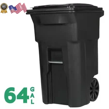64 Gallon Black Rolling Outdoor Garbage/Trash Can with Wheels and Attached Lid