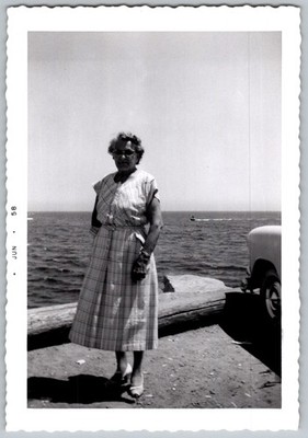 Vtg B&W Snapshot Woman Plaid Dress Sunglasses Ocean Coastline Car Jun 1958