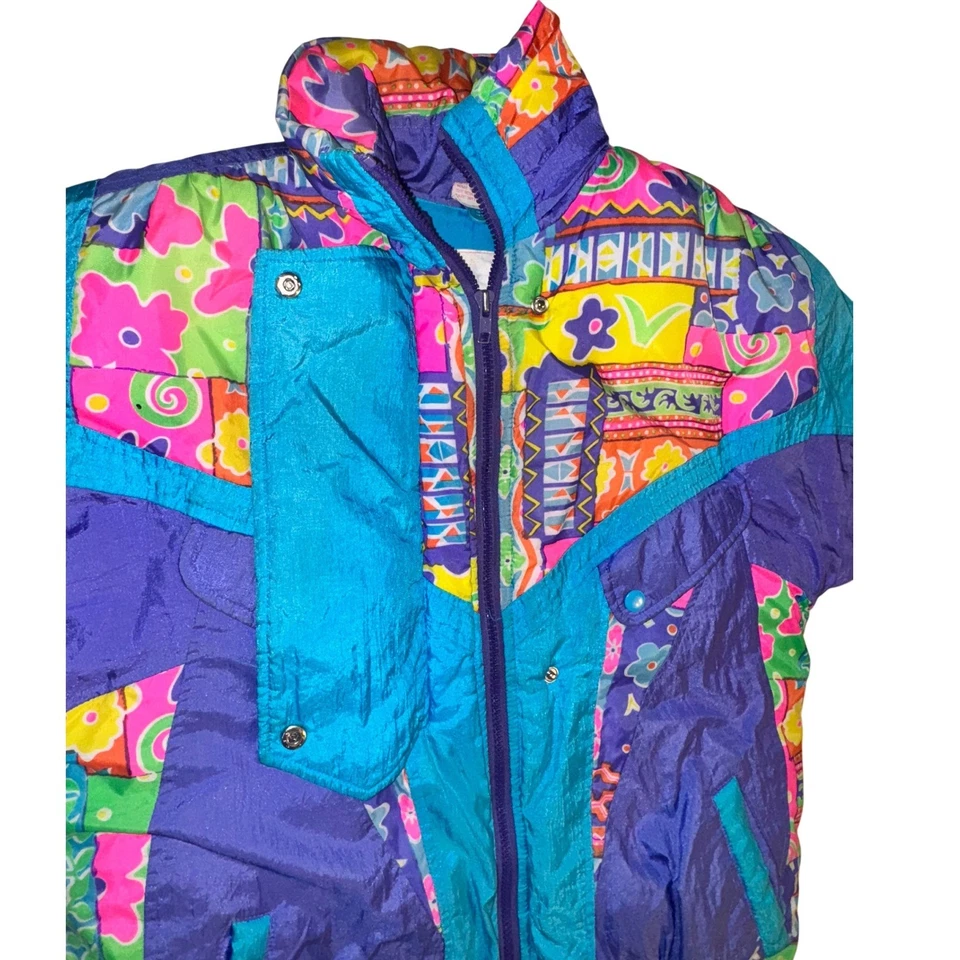 Chaqueta de esquí acolchada con estampado abstracto colorido vintage años 80 90 para mujer talla 14 Foto 4 de 4