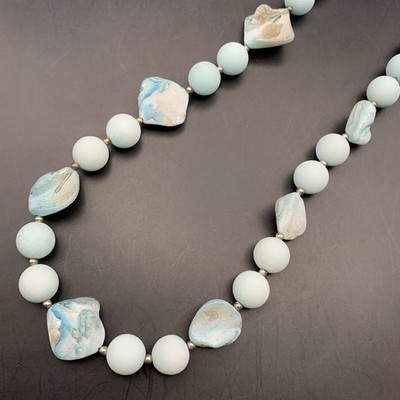 Matte Light Blue Beaded Necklace Chunky Shell Accent Bold Sky Tone 22 Inch