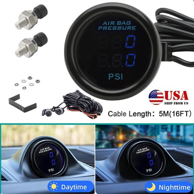 #ad 52mm Dual Air Suspension Pressure Gauge Air Ride Gauge 1 8NPT Sensors Blue PSI $38.62