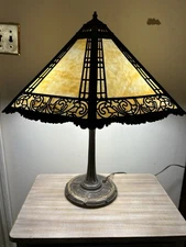 Bradley and Hubbard 6 Panel Carmel Glass Table Lamp with Fancy Overlay Shade