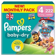 Pampers Baby Dry Paw Patrol Edition Size 4 222 Nappies 9kg 14kg Monthly Pack Up 0.15 per nappy