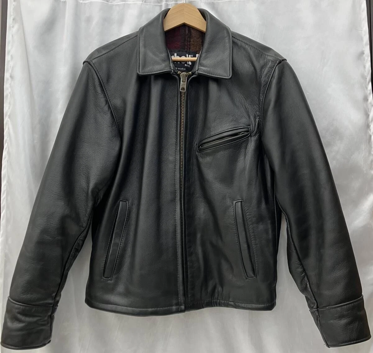 Chaqueta de Cuero SCHOTT 681 Highwayman Single Riders Hebilla de Cinturón Etiqueta Tartán 38 Hombres