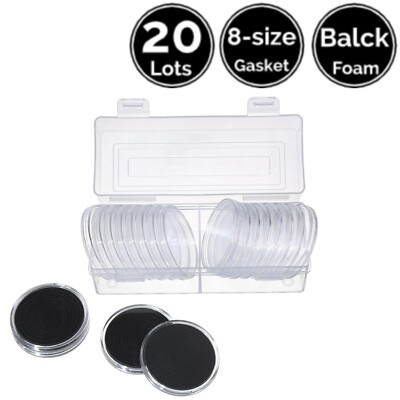 20 Pack 46 mm Coin Capsule Holder w/8 Size 17/20/25/27/30/35/40/46 Black Gaskets