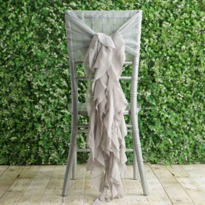 Silver Premium Curly Chiffon CHAIRS Covers Cap SASHES Bows Ties Wedding