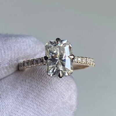 3Ctw Radiant Cut Moissanite Hidden Halo Wedding Engagement 14k White Gold Plated