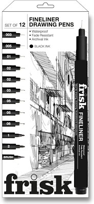 Frisk Fineliner Drawing Pens - Set of 12 - 003 005 01 02 03 05 08 1 2 Brush