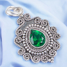 May Birthstone Lab-Created Emerald Green 925 Sterling Silver Pendant 1.55" FC