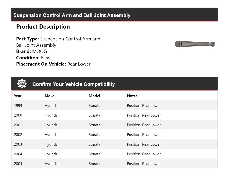For 1999-2005 Hyundai Sonata Control Arm  Ball Joint Assy Rear Lower MOOG 1 - Image 2 of 4