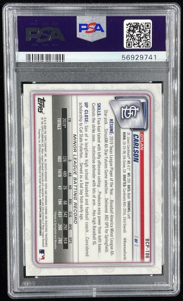 2020 Bowman Chrome Dylan Carlson Mega Box Gold Refractor 24/50 PSA Gem Mint 10 - Image 2 of 2