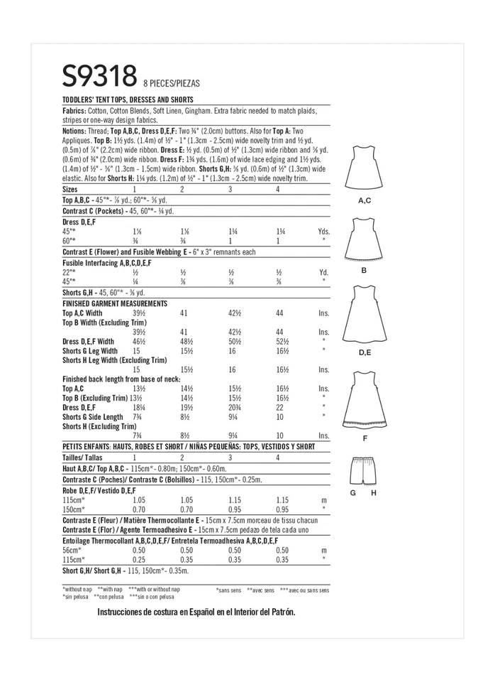 SIMPLICITY 9318 TODDLERS TENT TOPS DRESSES SHORTS Sewing Pattern Sizes 1 - 4 - Image 2 of 4
