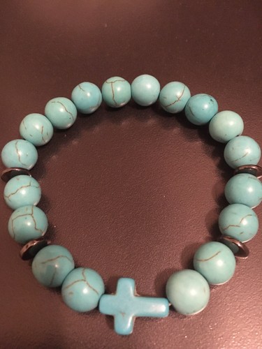 Mens 8” Turquoise Green Gemstone Howlite Beaded 10mm Stretch Bracelet Cross Gift - Picture 3 of 10