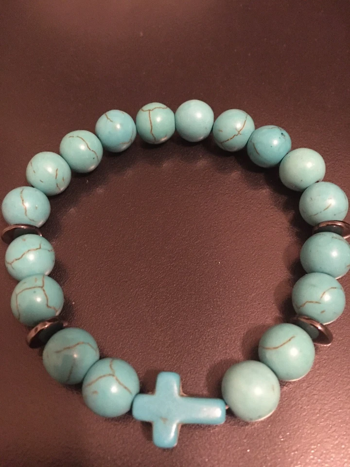 Mens 8” Turquoise Green Gemstone Howlite Beaded 10mm Stretch Bracelet Cross Gift - Image 3 of 4