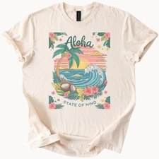 Aloha State of Mind Graphic T Shirt Palm Tree Wave Hibiscus Beach Tee
