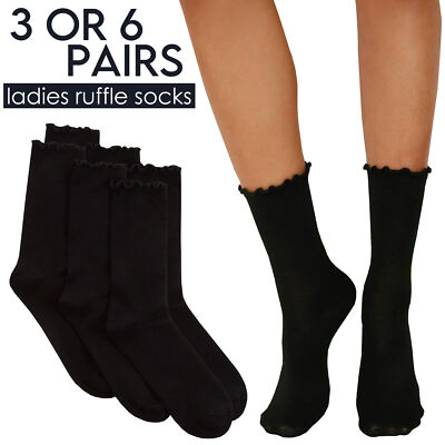 Ladies Plain Black Bamboo Crew Socks Ruffle Ripple Lettuce Edge Mid Calf UK 4-8