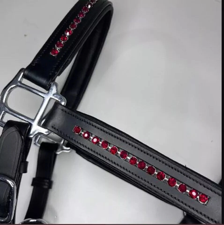 Rotes Kristallleder Pferd gepolstert Premium Qualität Kopf Halsband Halfter a... - Bild 3 von 4