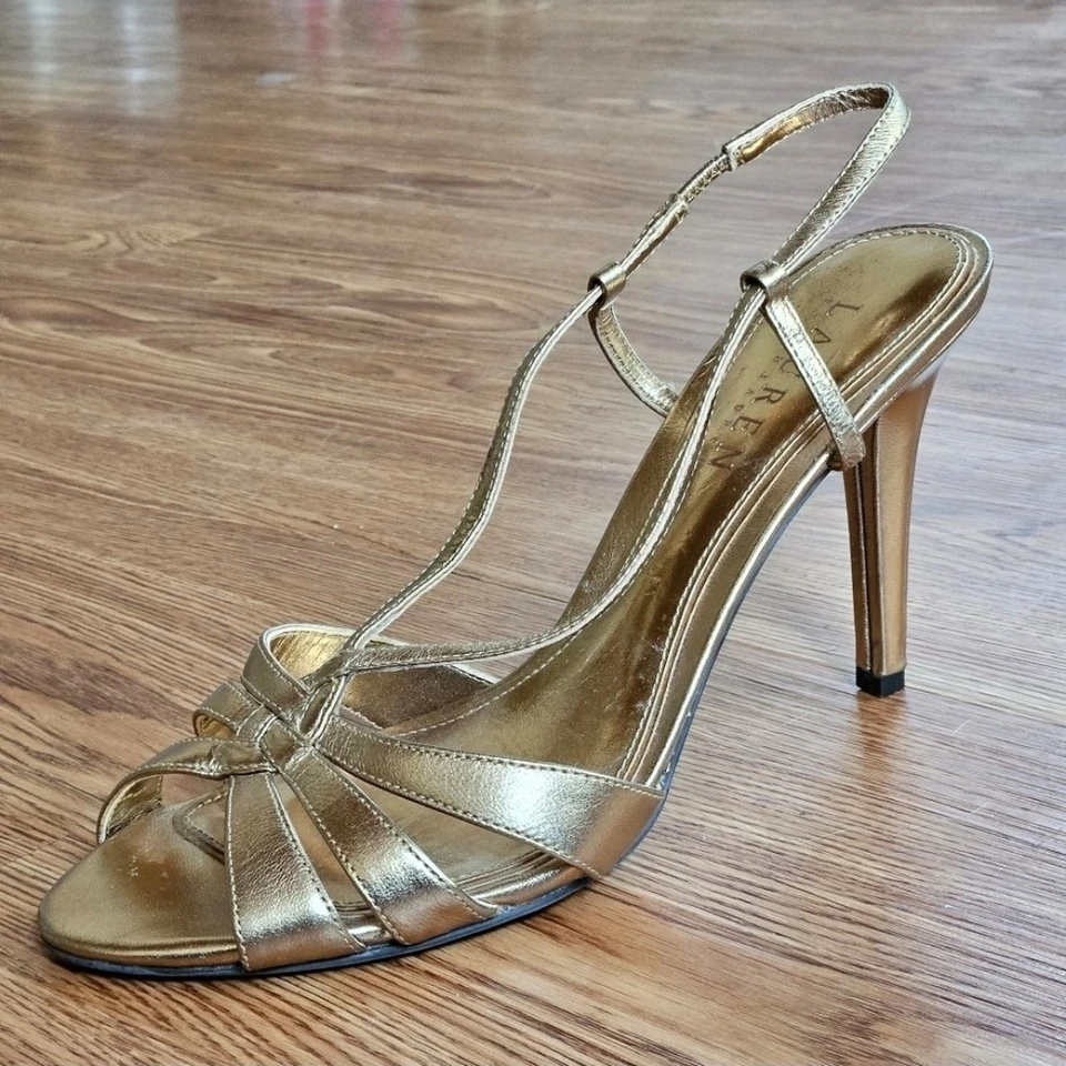 TACONES DE NOCHE LAUREN RALPH LAUREN DORADOS CON CORDONES PARA MUJER TALLA 7,5B Foto 2 de 4