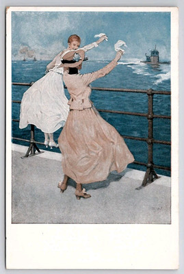 German WW1 Girls Waving To Soldiers On The Uboat A/S B Wennerberg Postcard H46