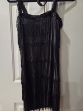 Flapper Girl Roaring 20's Fringe Dress Size S Halloween Costume Black Sequins