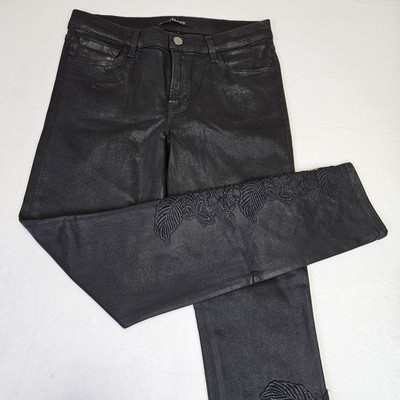 J BRAND Coated Jeans Womens 28 Mid Rise Skinny Black Lace Biker Whimsigoth Pants