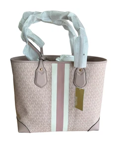 Michael Kors Eva Grand Logo Stripe Tote Light Rose Sac à épaule avec/Pouch - NEW