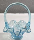 Fenton Blue Iridescent Carnival Glass Mini Miniature Basket w/ Grapes Design