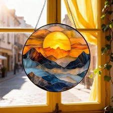 Mountain Sunset Glass Suncatcher, Colorful Landscape Window Hanging Decor