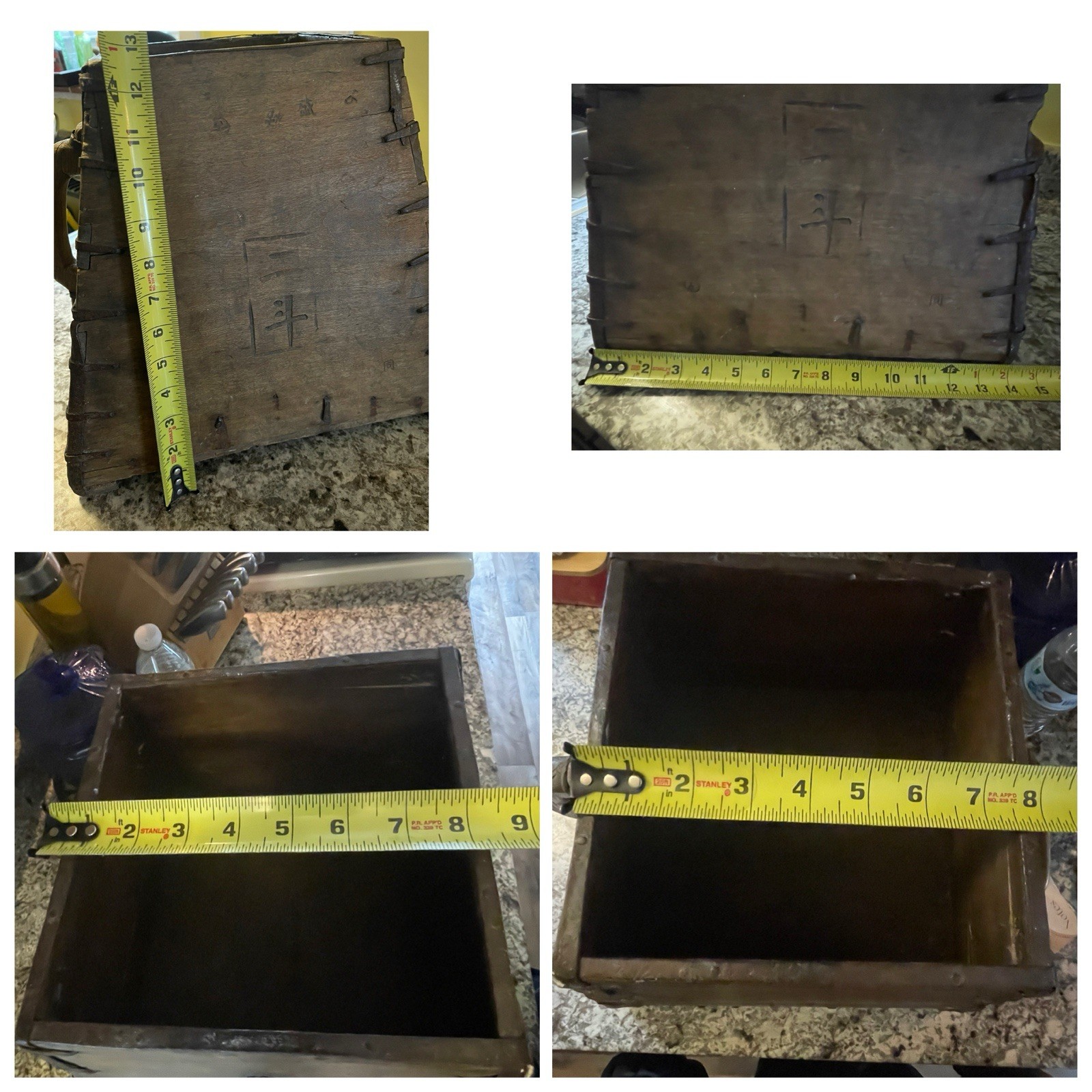 Antique Chinese Wooden Rice Bucket Pail Grain Carrier w/ Iron Bands Orig Writing