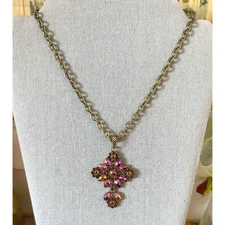 Vintage Kirk' s Folly Rhinestone AB Cross Pendant Necklace