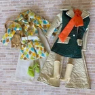 Vintage Mod Barbie Clone Bell Bottom Pants Suits, Peace Sign Necklace & Boho Bag