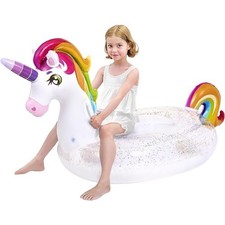 Unicorn Pool Float for Kids - Large Inflatable Rainbow Floaty with Glitters
