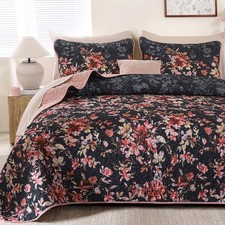 Floral Quilt Set Queen Size, Pink and Black Bedspreads Coverlet Set, 3 Pieces...