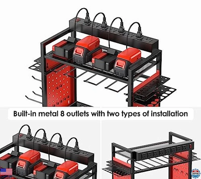 Power Tool Organizer Cart with Charging Station, Rolling Storage on Wheels, Red - Image 2 of 4