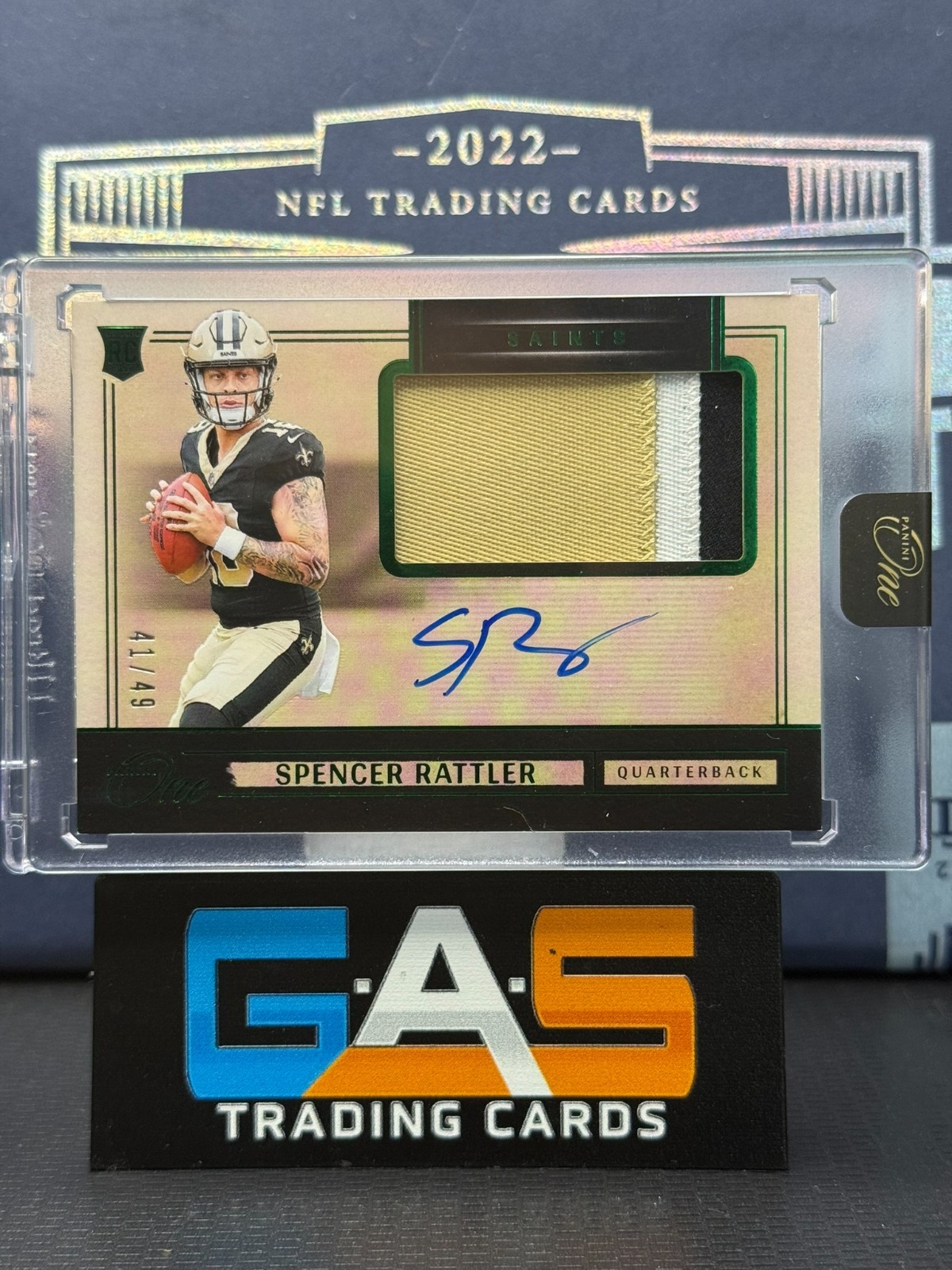 2024 Panini One Spencer Rattler Rookie Patch Auto Green /49 #14 SP RC RPA Saints