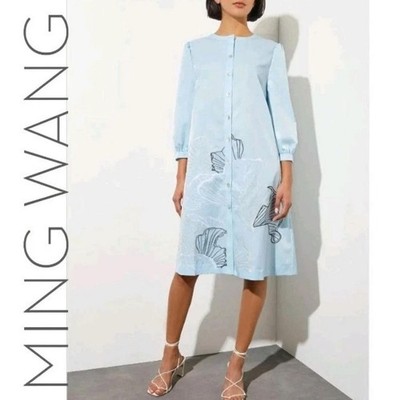 Ming Wang Embroidered Seashell Button-Front Shirt Dress Light Blue XXS NEW