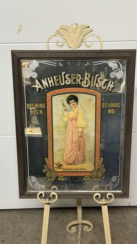 Vintage Anheuser-Busch Budweiser Girl Mirror Sign King of Beers 24"x18"