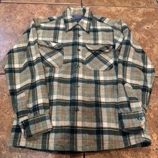 VTG Pendleton Board Shirt loop collar wool small Tan Green Shadow plaid USA 70s