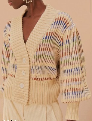 Farm Rio Open-Knit Balloon Sleeve Cardigan Sweater Beige Multicolor Button M NWT