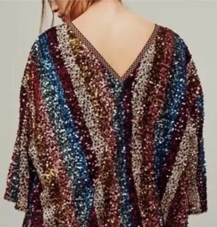 Bata Free People Lentejuelas Prisma Multicolor Rayas Kimono Plumero Chaqueta Boho Glam Foto 3 de 4