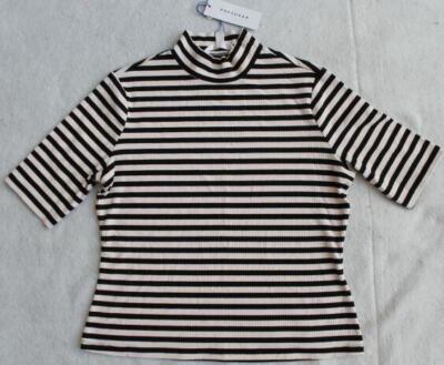 NWT PopSugar Woman's Lt Pink Black Striped Mockneck Shirt Top Large